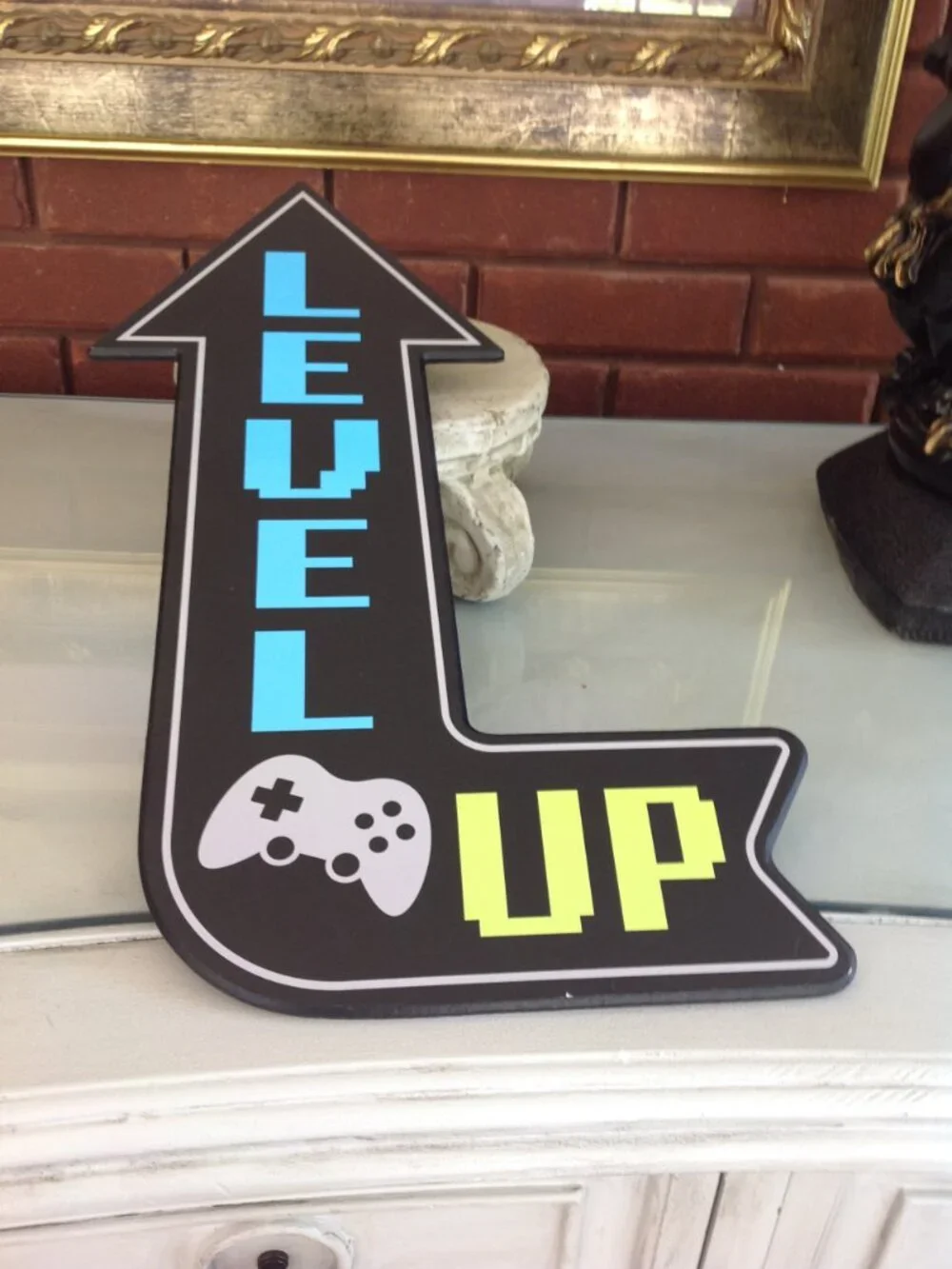 Level Up Wooden Gaming Wall Decor` Blue & Green faux-neon illumination